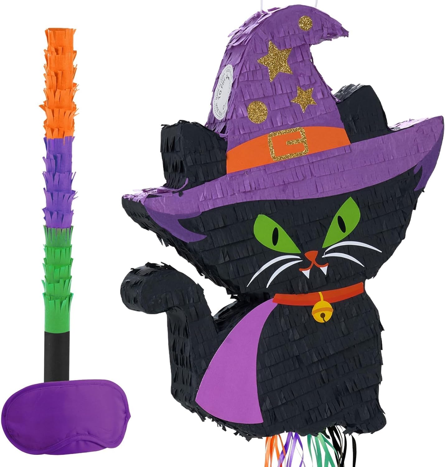 WERNNSAI Halloween Cat Pinata - Halloween Party Decorations Black Cat Pinata Witch Hat for Kids Hallows Eve Birthday Theme Party Games Supplieswith Stick & Blindfold