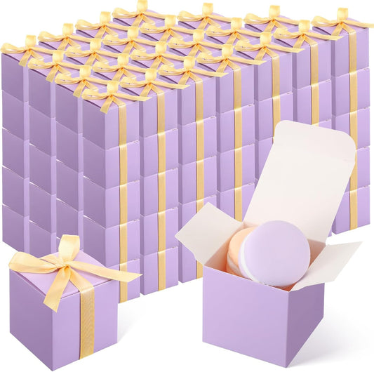 Jutom 100 Pcs Mini Favor Boxes Extra Small Candy Boxes Paper with Gold Ribbon for Christmas Thanksgiving Day Birthday Wedding Anniversary Supplies(2 x 2 x 2 Inch,Lavender)
