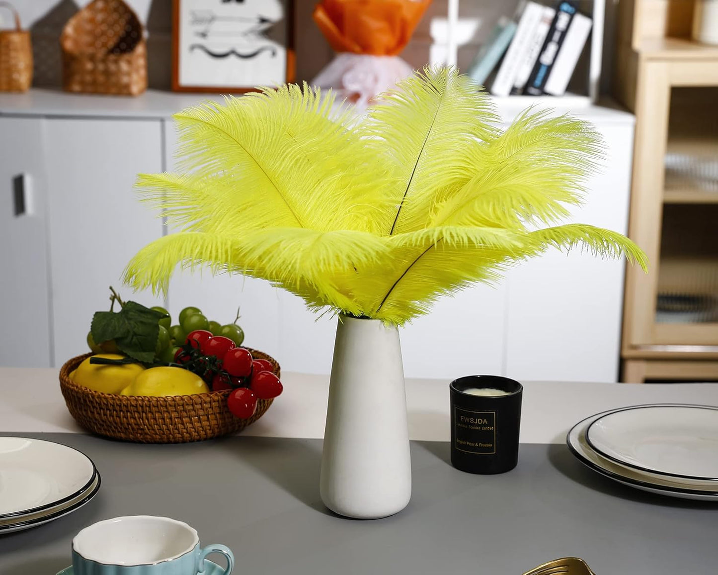 Ballinger Fluorescent Yellow Ostrich Feathers - 24Pcs 12-14inch Long Feathers Bulk for Vase, Party Centerpieces, Mardi Gras Decorations and Home Decor