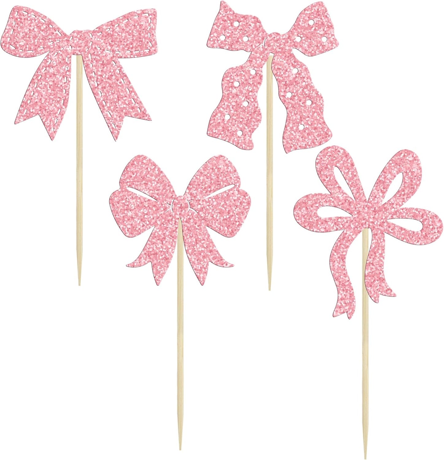 Ephlyn 24Pcs Bow Cupcake Toppers Pink Girls Birthday Party Decorations Bowknot Cupcake Toppers Bow Tie Birthday Cupcake Decorations Dessert Cake Toppers for Wedding Bachelorette Party Pink