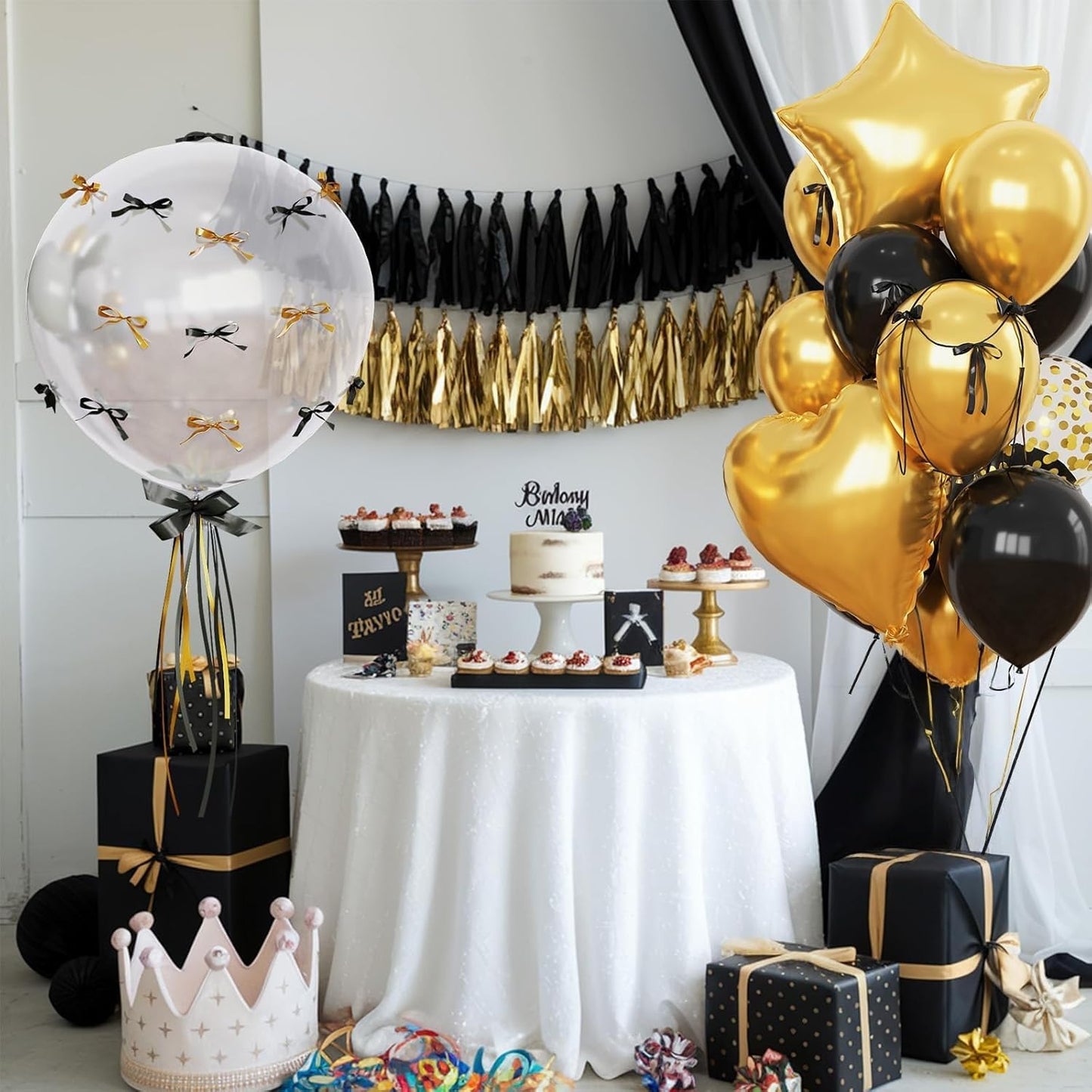 Black and Gold Balloons Heart Star Shape Foil Balloons for Birthday Party, Metallic Gold and Black Party Decoration 18 in Clear Confetti Heart Star Mylar Balloon as Graduation 2025 Prom Supplies Decor