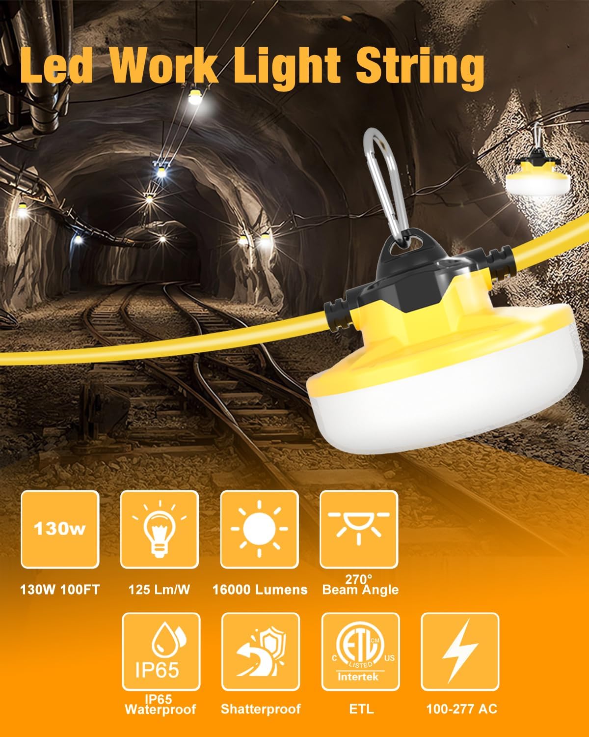 LED Construction String Light 100FT, 130W 16000Lm Industrial LED String Work Lights with 10 Bulbs, Linkable 5000K Super Bright Temporary Lighting for Construction Site, Job Site, Work Site