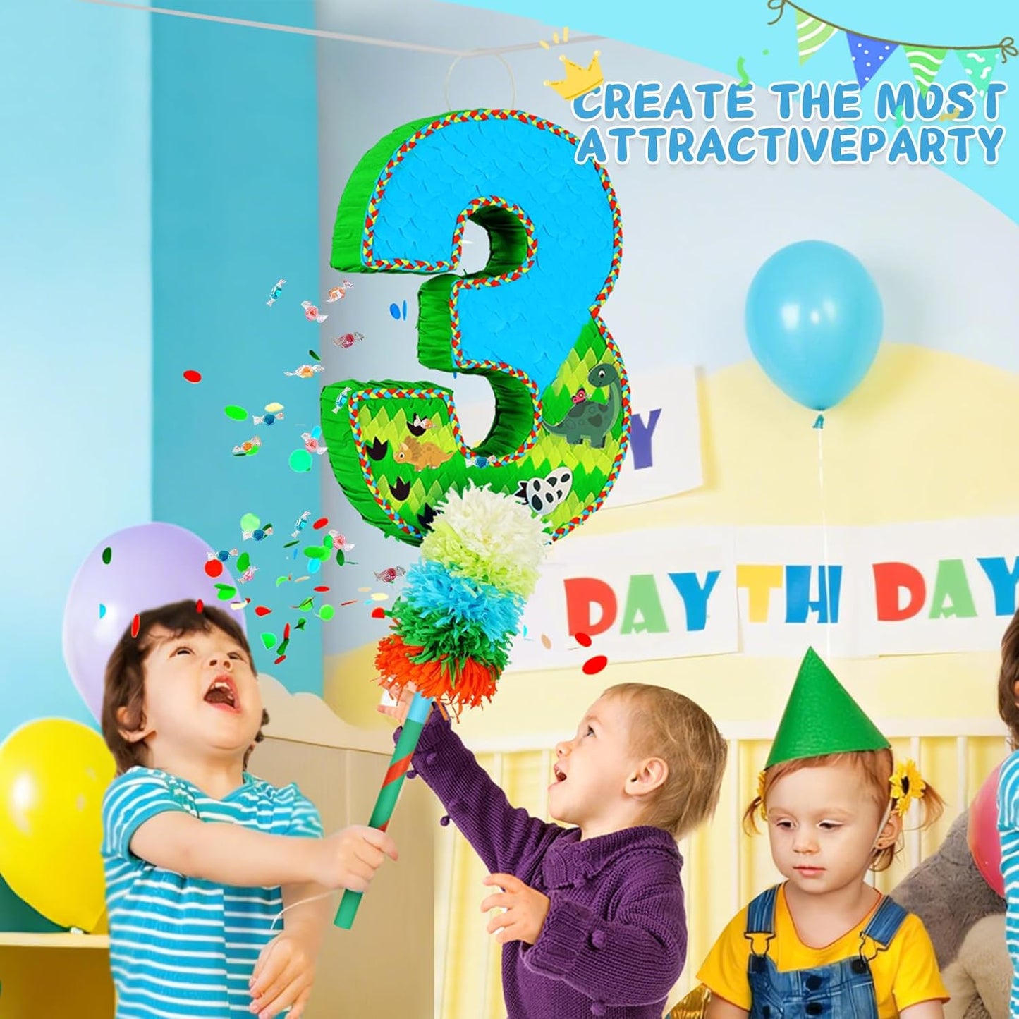 Number 3 Pinata for Birthday Party Decorations, Jungle Dinosaur Piñata Games Toy (3th)