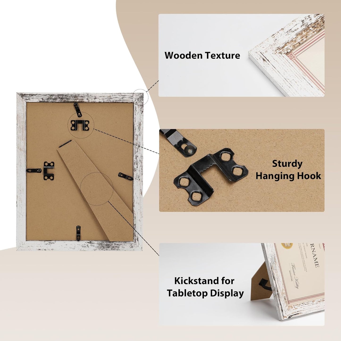 PETAFLOP Bulk Document Frames 8.5x11 Certificate Picture Frame Set of 18, Distressed White Frame for Wall Tabletop Vertically and Horizontally