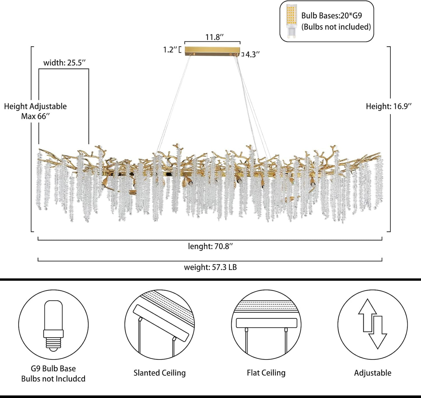 YUYI Modern Crystal Chandelier, 71" Gold Rectangular Chandeliers for Dining Room, Large Tree Branch Chandelier Luxury Ceiling Light Fixture for Living Room, Kitchen Island, Foyer, 5 Year Warranty