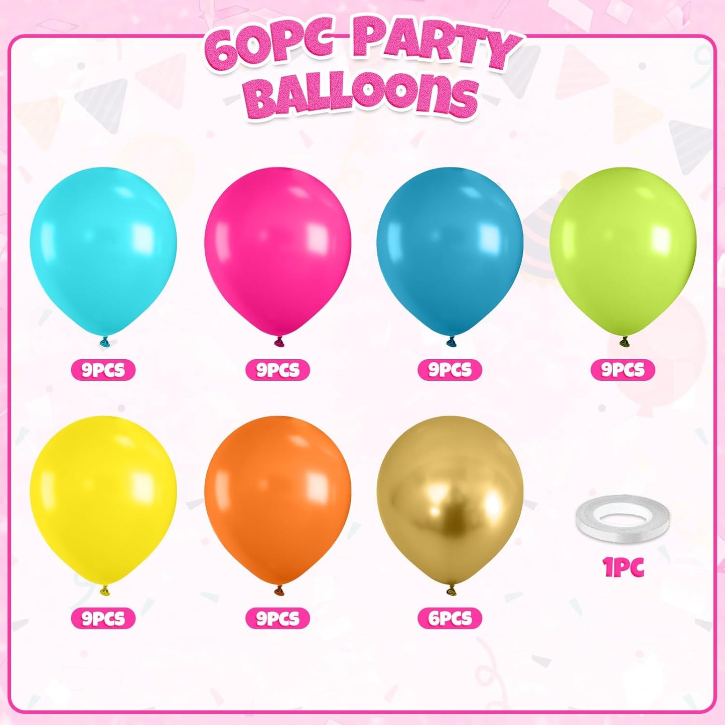 Rainbow Balloons, 60pcs Colorful Balloons, Matte Hot Pink Teal Blue Green Orange Yellow Gold Balloon For Birthday Baby Shower Summer Beach Tropical Hawaiian Theme Party Wedding Anniversary Decorations