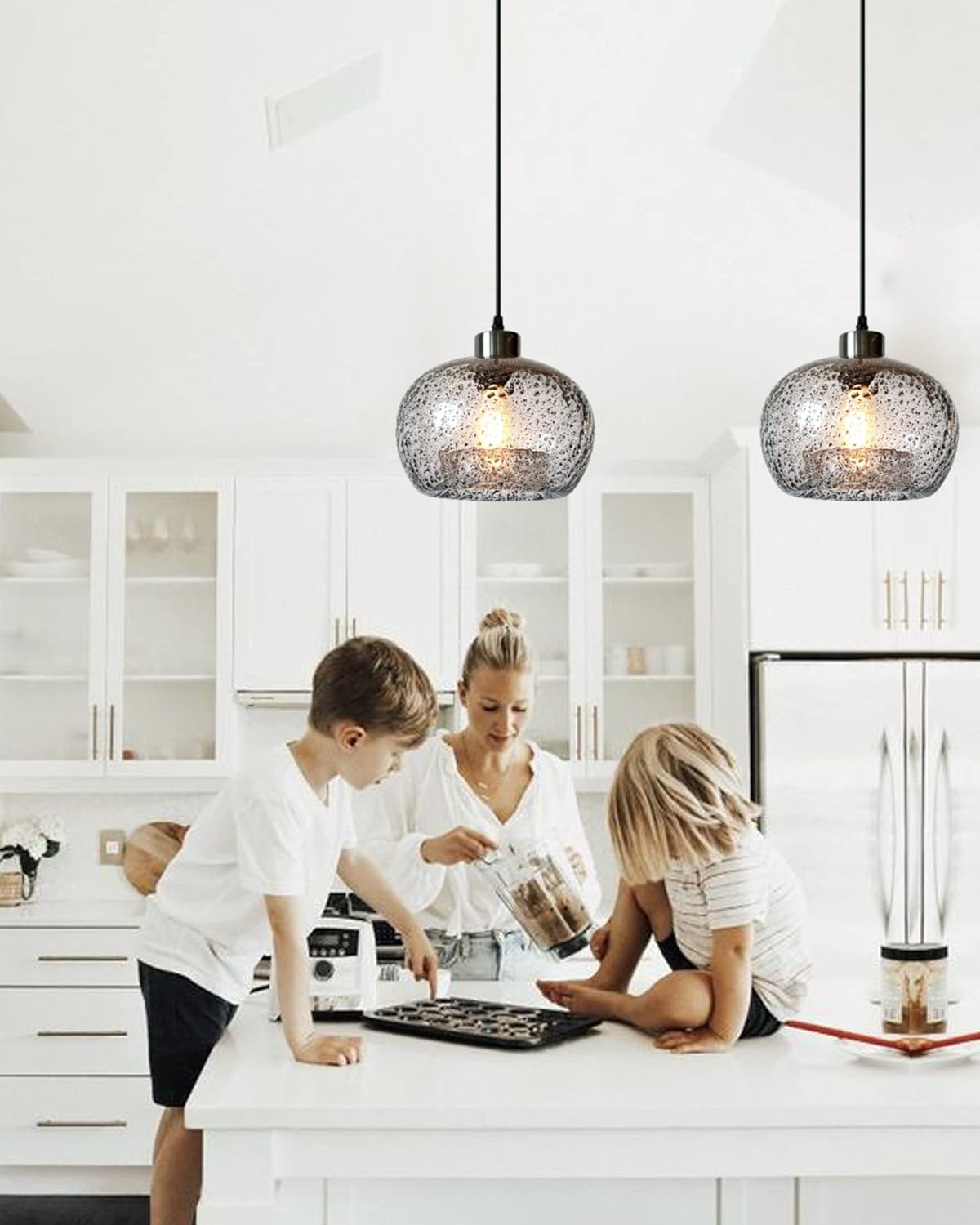 CASAMOTION Pendant Lighting Handblown Glass Drop Ceiling Lights, Modern Rustic Hanging Light Clear Seeded Glass with Black Sand Powder, Brushed Nickel Finish 8.7 Inch Diameter