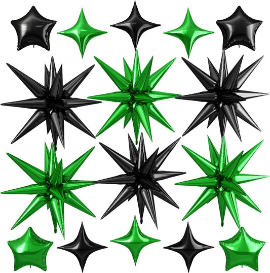 Black Green Star Balloon,16Pcs Star Foil Balloons Set with 22Inch Explosion Spike Cone Balloons and 10Inch Quadrangle Helium Balloon for Birthday Wedding Baby Shower and Halloween Party Decorations