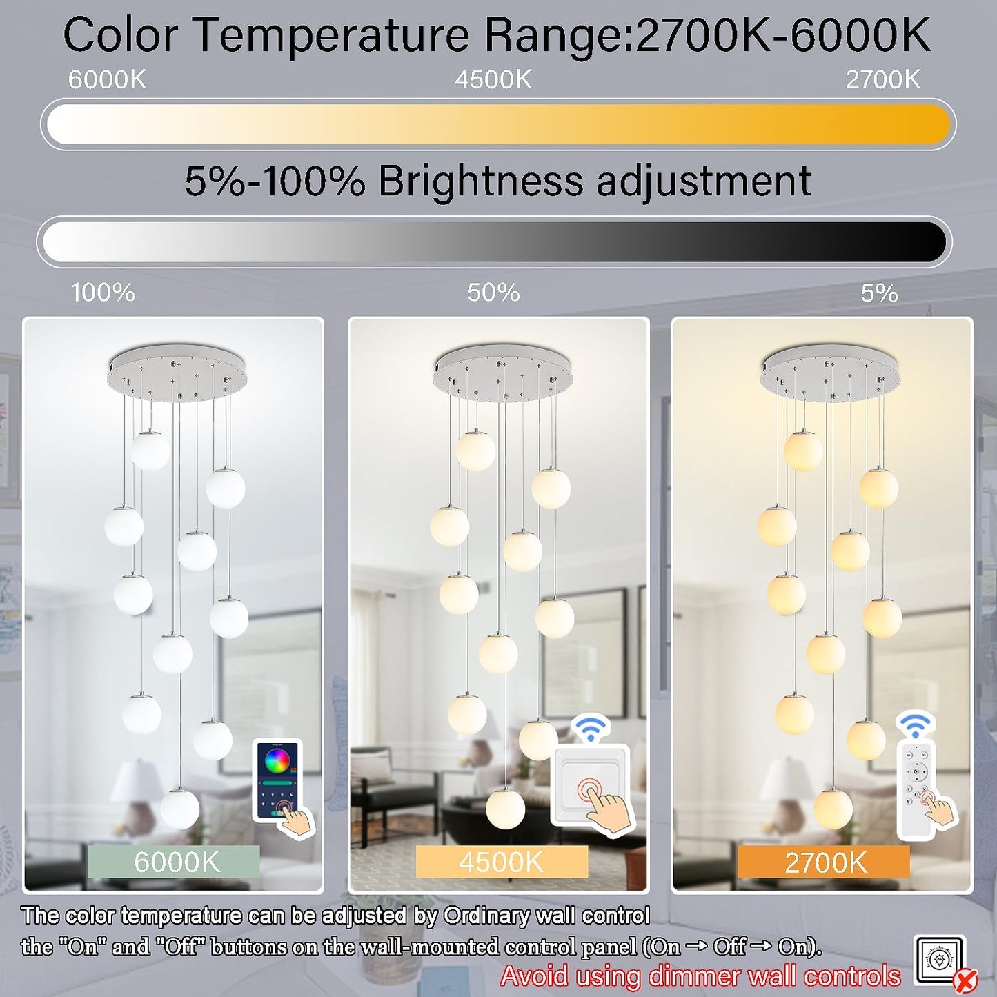 H118 Large Chandeliers for High Ceilings,12-Lights Mid Century Globe Chandelier Silver Modern Globe Pendant Light for Entryway Villas and Stairs