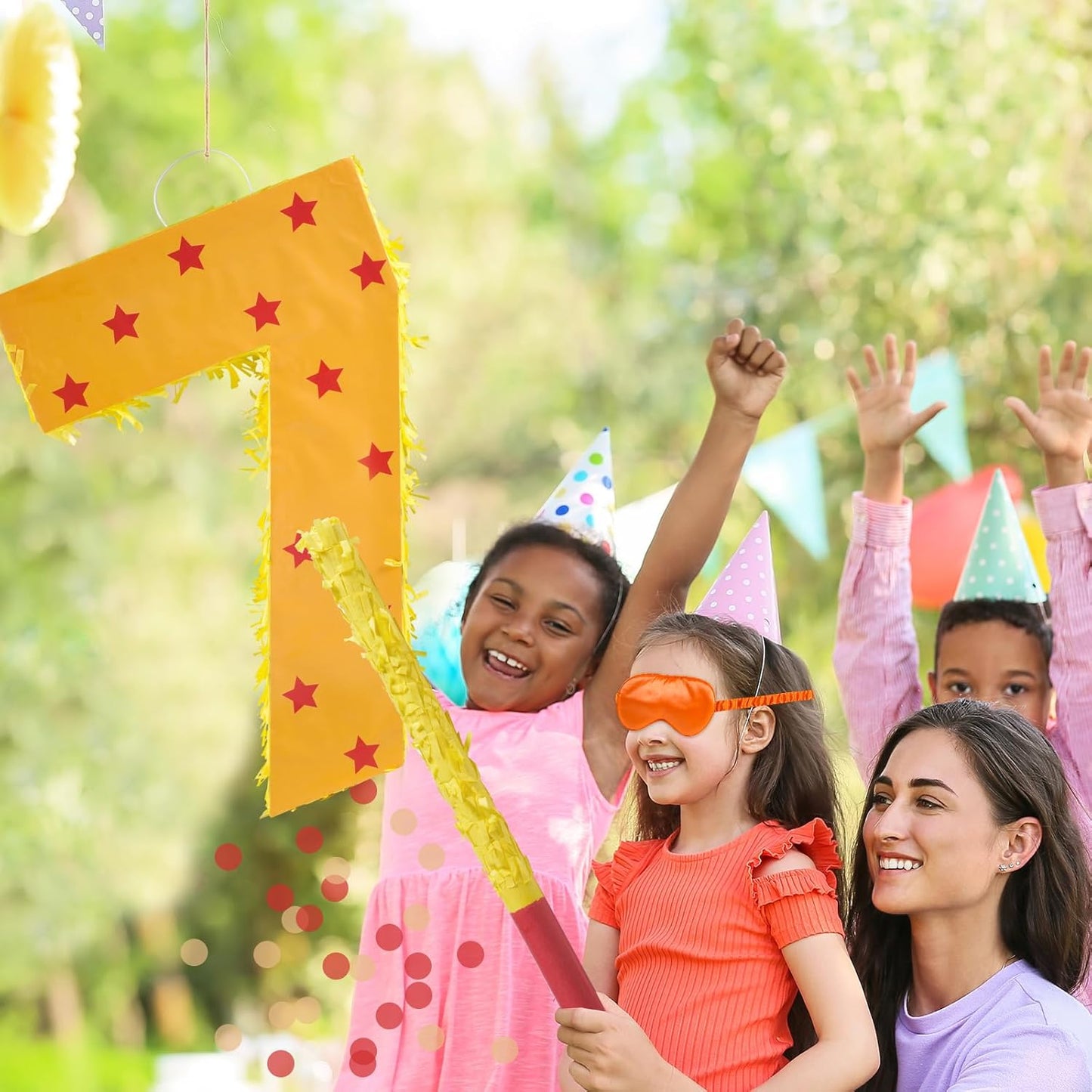 Orange and Red Star Number 7 Pinata, 16 Inch Piñata for 7th Birthday Party Decorations with Stick, Blindfold and Confetti (15.7 inch Number 7 Pinata)