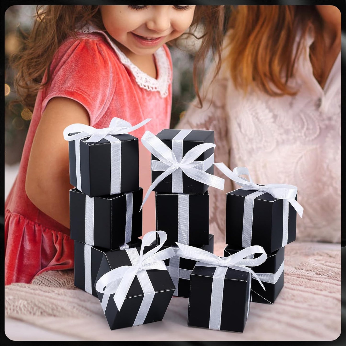 COCPOK 50 Pack Black Gift Boxes, 2x2x2 inch Gift Box, Small Candy Boxes with Lids and Ribbons, Paper Favor Box for Wedding Bridal Shower Baby Shower Birthday Party