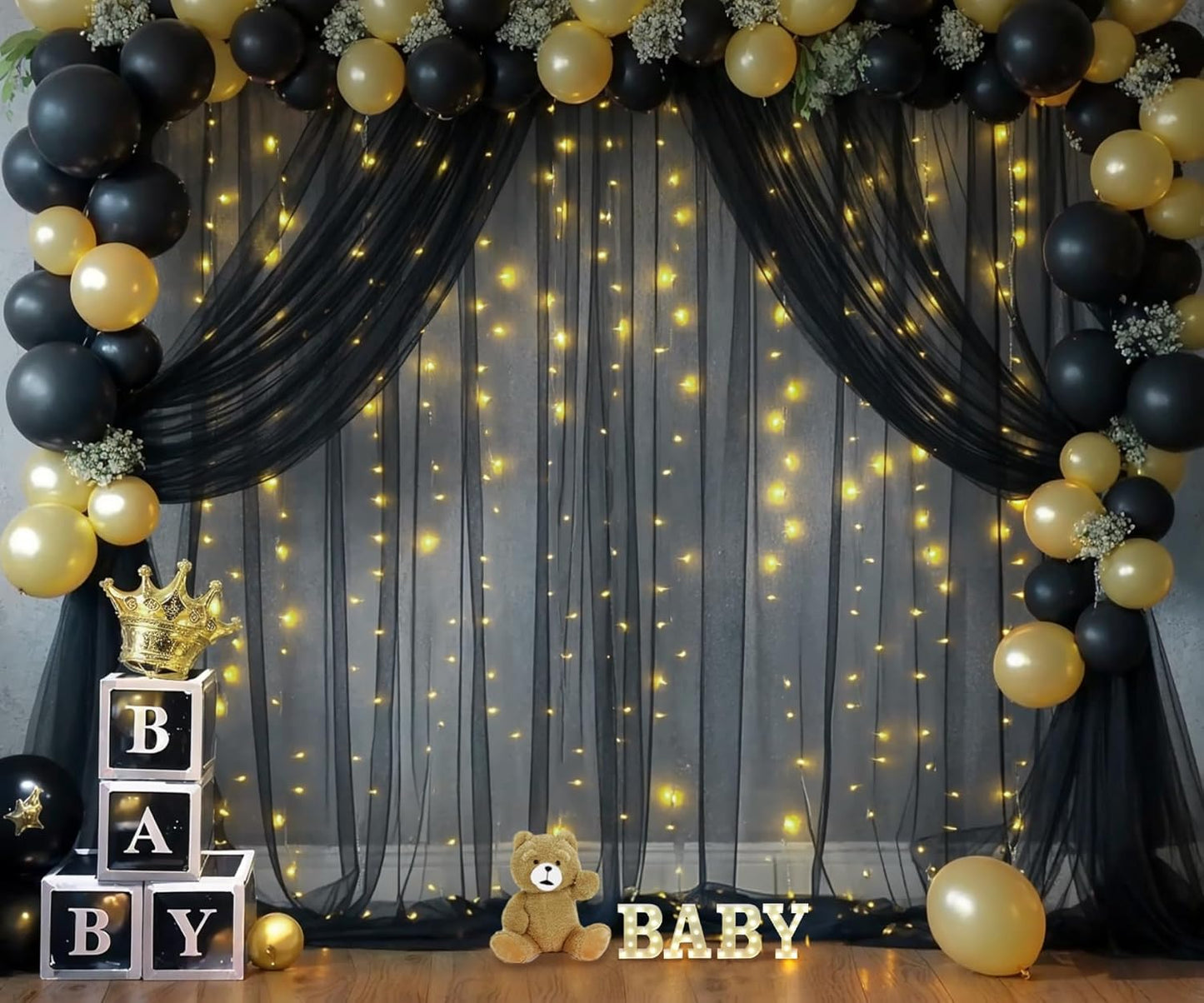 Black Backdrop Curtains with Lights String for Parties Wedding Bridal Shower 10×10ft Sheer Tulle Backdrop Curtain Panels for Baby Shower Birthday Party Photo Shoot Background Wall Decorations