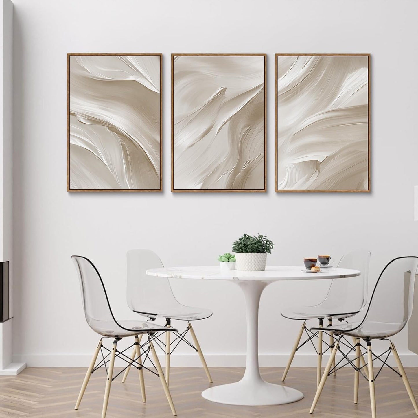 myusuar 3 Piece Large Abstract Framed Wall Art For Living Room, Smoke Texture Ink Beige White Canvas Wall Art Modern Minimalist Art Prints Wall Décor For Bedroom Office 12x16in