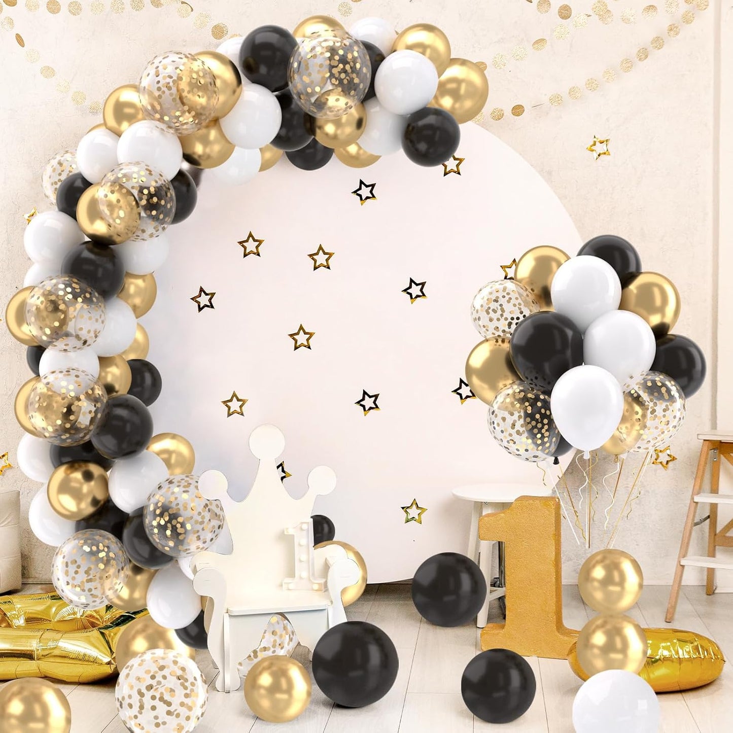Patimate Black Gold Confetti Balloons Set, 50 pcs 12 inch Metallic Gold Black White Confetti Latex Balloons Kit for Birthday Wedding Graduation New Years Anniversary Party Decorations