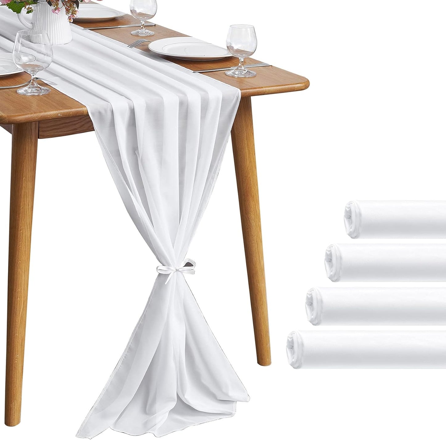 5 Pack 10Ft White Chiffon Table Runner Sheer 29x120 Inch for Romantic Wedding Decor Bridal & Baby Shower Birthday Rustic Party Decoration