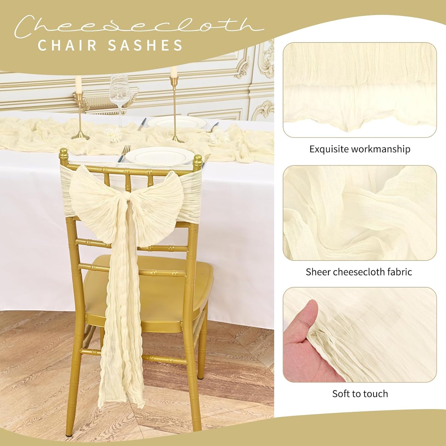 50 PCS Cheesecloth Chair Sashes, Bows Designed ChairSashes, 15.7x108 inch Chair Sashes for Aisle Decorations Universal Chairs Cover Decoration for Wedding Reception Party Banquet (Ivory)