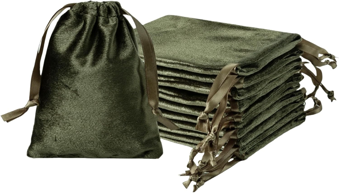 QIANF 12pcs Moss Green Velvet Drawstring Bags 3x4 inches Glossy Small Velvet Cloth Gift Bags Jewelry Pouches for Jewelry Storage Wedding Party Favor Christmas