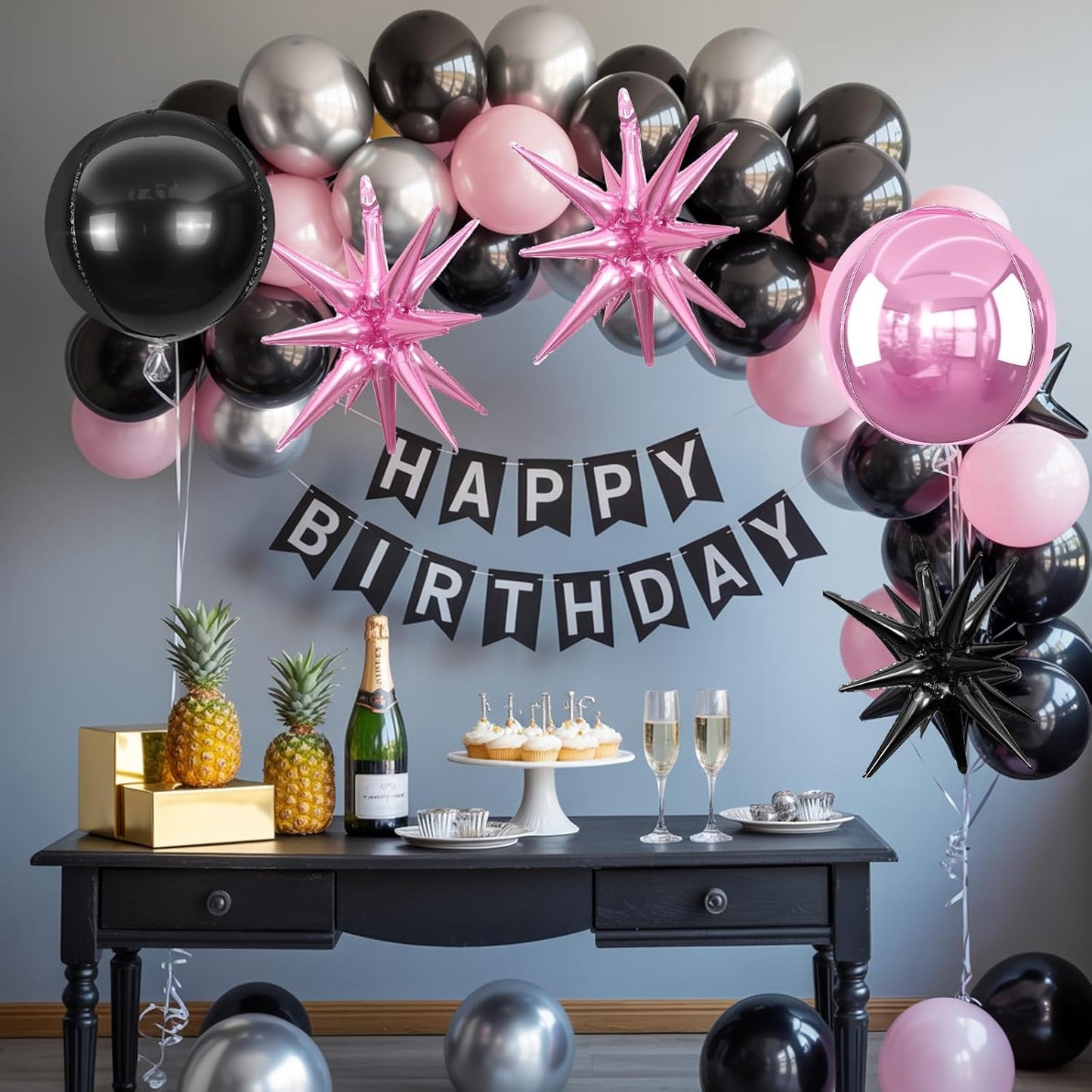 6Pcs Pink Black Foil Balloons,22Inch Black and Pink 4D Round Ball Balloon and Explosion Star Balloon for Birthday Wedding Baby Shower Anniversary Party Party Decorations