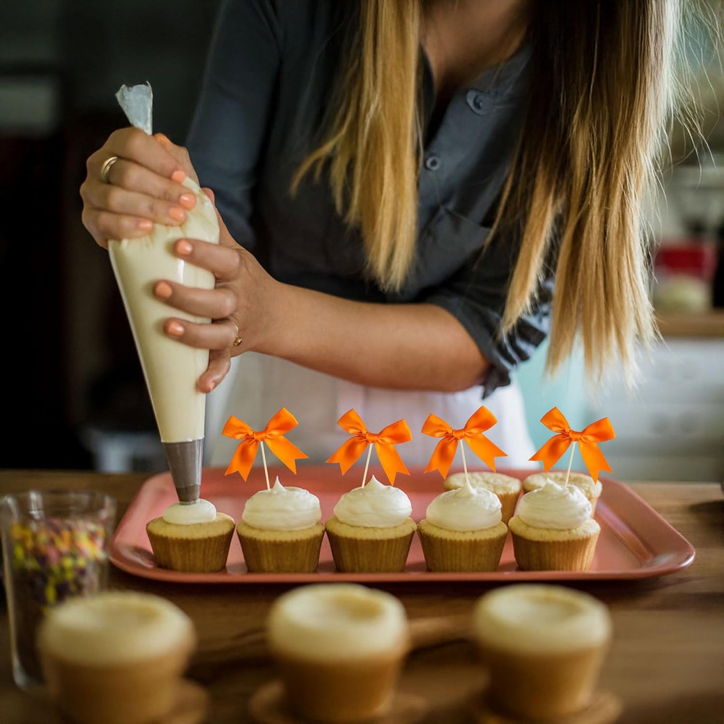 Ephlyn 24Pcs Bow Cupcake Toppers Bow Cake Topper Birthday Decorations Mini Bowknot Cupcake Picks for Coquette Theme Party Decoration Bachelorette Bridal Engagement Wedding Party Supplies Orange