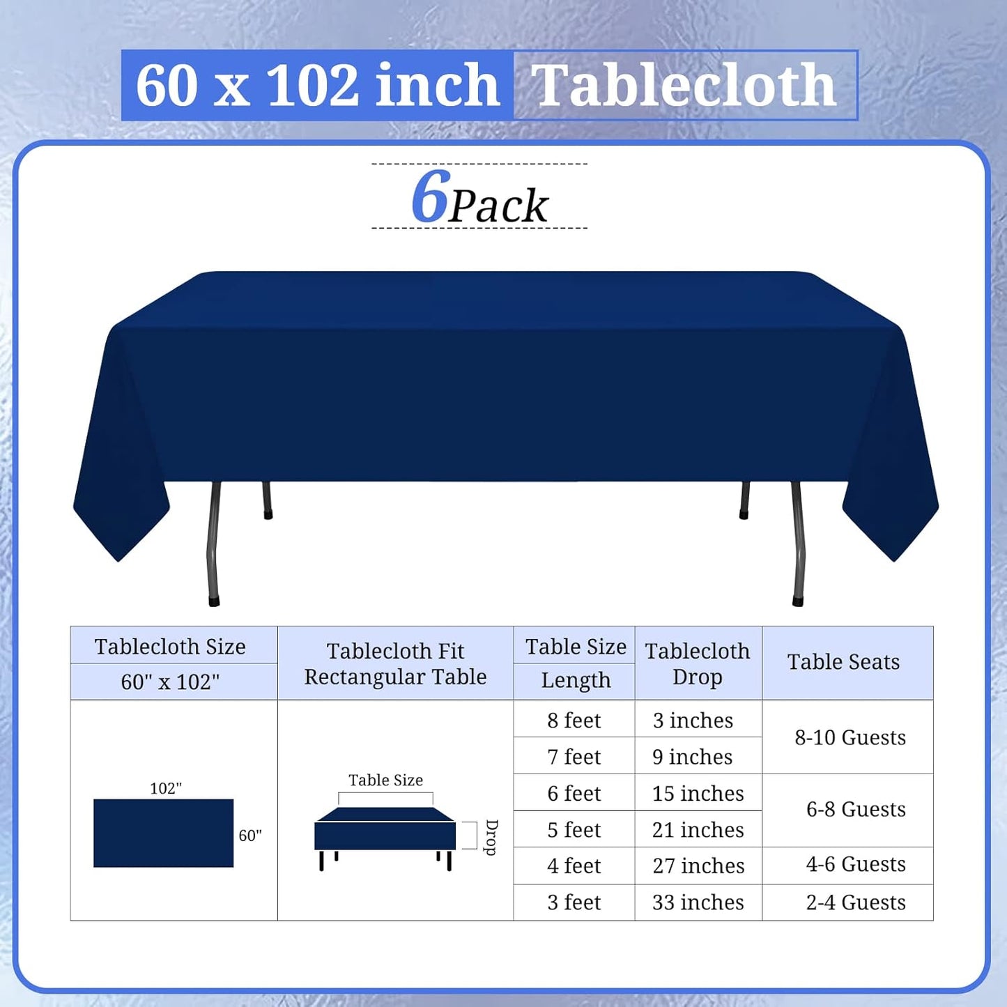 6 Pack Navy Blue Tablecloths for 6ft Rectangle Tables 60 x 102 Inch - Polyester Table Cover Stain and Wrinkle Resistant Washable Fabric Table Clothes for Wedding Party Banquet Reception Restaurant