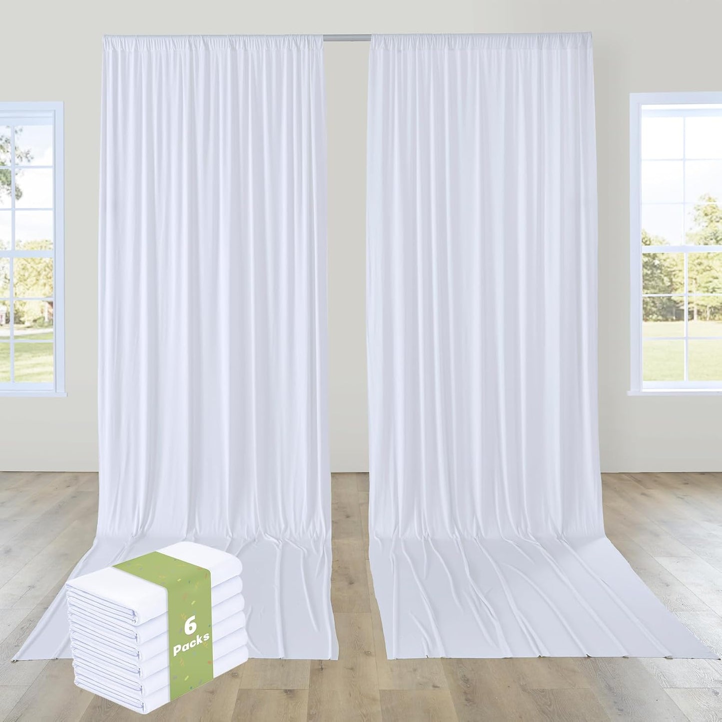 PartyVillage 30ft×15ft White Backdrop Curtain for Wedding Parties, 6 Panels Wrinkle Free 15 FT Long Polyester Photo Backdrop Drapes Back Drop Cloth for Birthday Photography Background