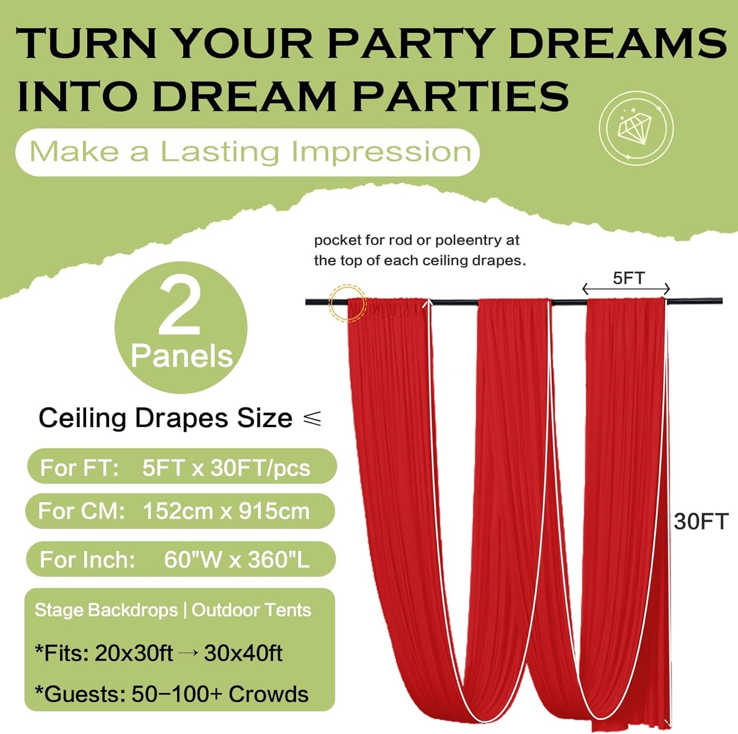 PartyVillage 2 Panels 5ftx30ft Red Ceiling Drapes for Wedding Parties – 30 FT Extra Long Thick Polyester Wrinkle-Free Drapery Tent Decor Decorations for Birthday Party Ceremony Stage Swag