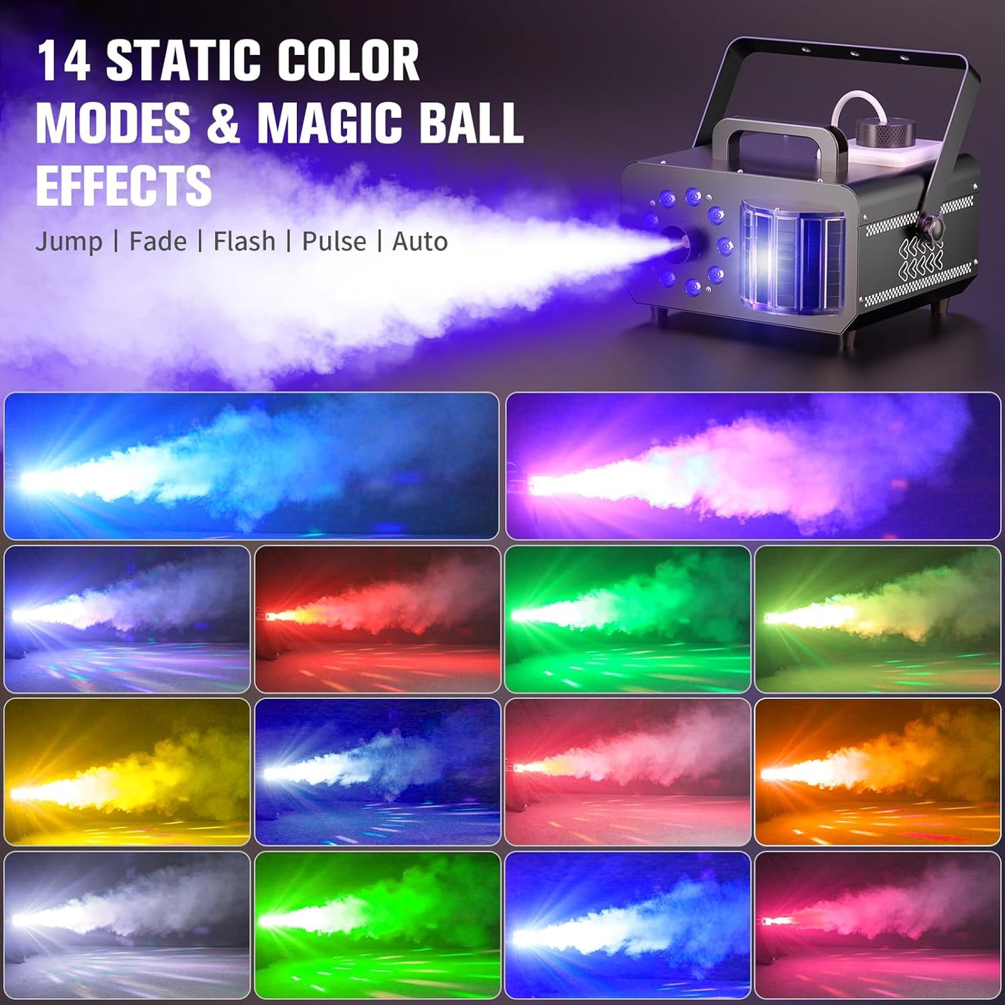Fog Machine with 9 RGBW LED Lights, 1200W Professional Smoke Machine, 1L Tank, 3000CFM Output, 14 Colors for DJ Party Stage Wedding Halloween