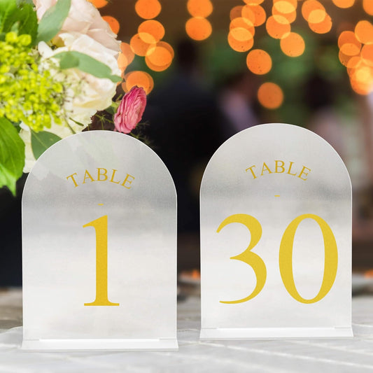 JOYIT Frosted Arch Wedding Table Numbers 1-30 with Stands – 5" X 7" Acrylic Gold Table Number Holders, Perfect for Wedding Receptions, Parties, Anniversaries, and Events