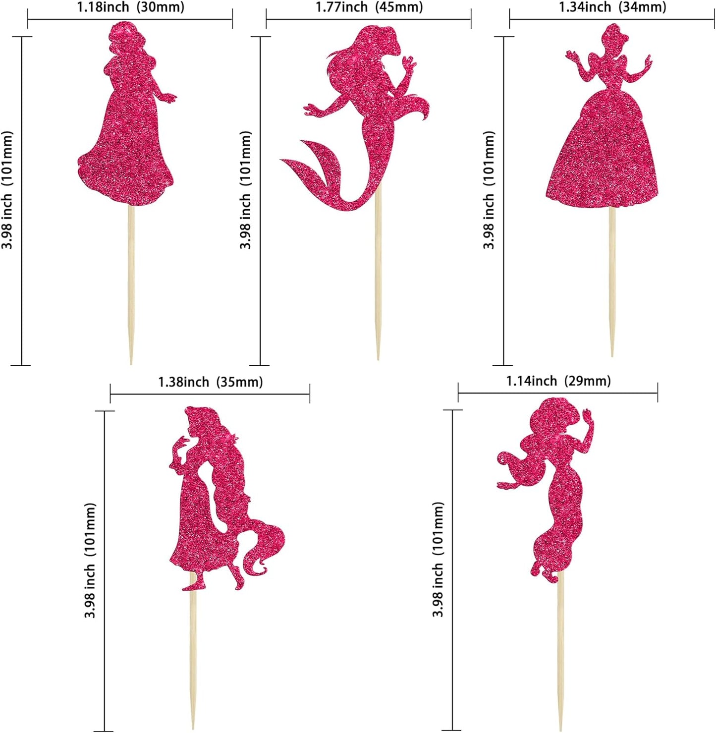 Gyufise 36Pcs Princess Cupcake Toppers Glitter Mermaid Girl Castle High Heel Crown Cupcake Picks Princess Theme Baby Shower Girls Birthday Party Cake Decorations Rose Red