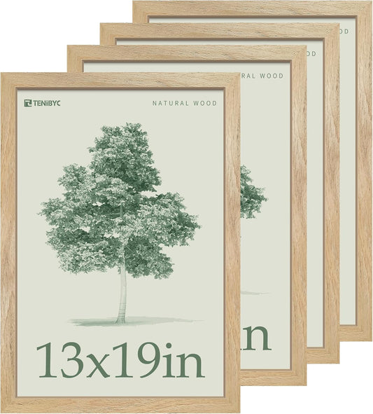 13x19 Picture Frame 4 Pack, Textured Elegant Natural Solid Wood & HD Tempered Glass, Gallery Poster Frame - Wall Hanging