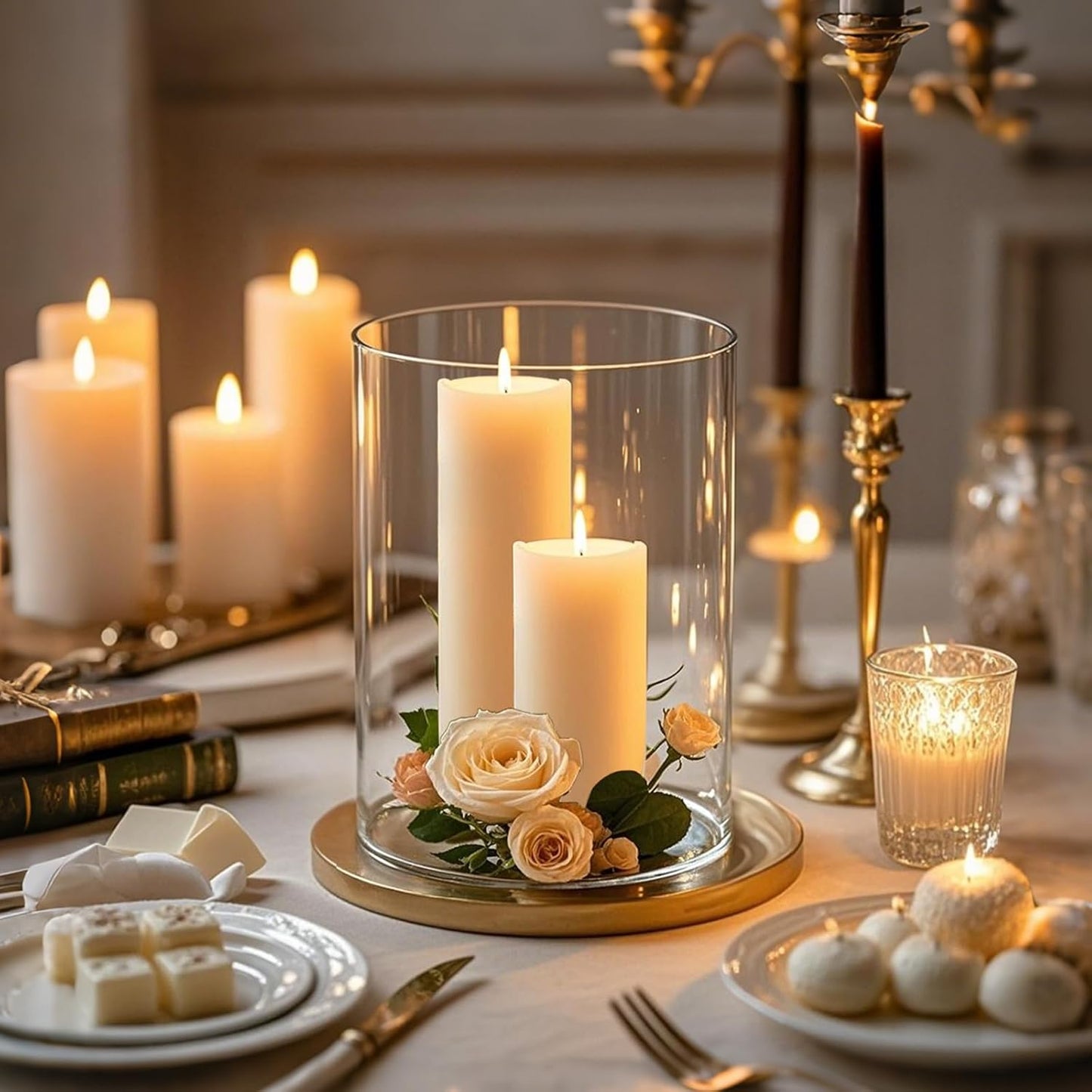 2Pcs Glass Cylinder Vases for Centerpieces, 6" x 4.7" Wide Mouth Flower Vase Hurricane Glass Candle Holders, Clear Vases Bulk with 2 Floral Tapes for Floating Candles Wedding Party Home Decor