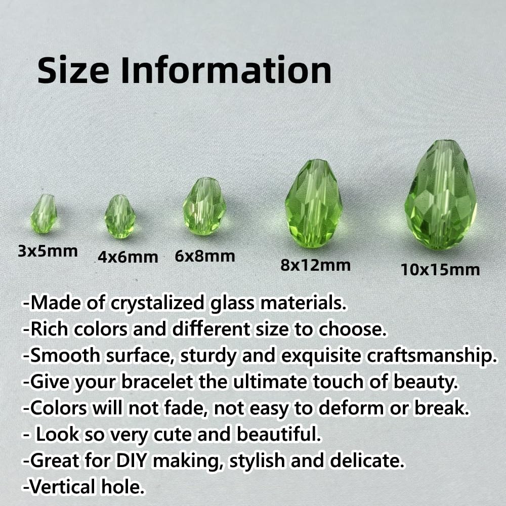100pcs 8x12mm Teardrop Crystal Glass Beads for Jewelry Making, Faceted Vertical Hole Teardrop Glass Spacer Beads for Wind Chimes Bracelet Earring Necklace DIY Craft(Light Green)
