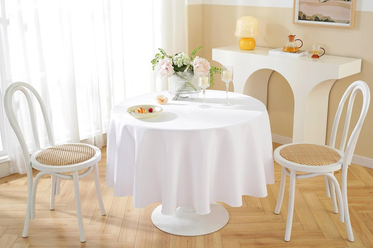 Craft And Party Round Tablecloth, 90 Inch White Tablecloth, Polyester Fabric Washable Table Cloth for Home, Party, Wedding or Restaurant Use.