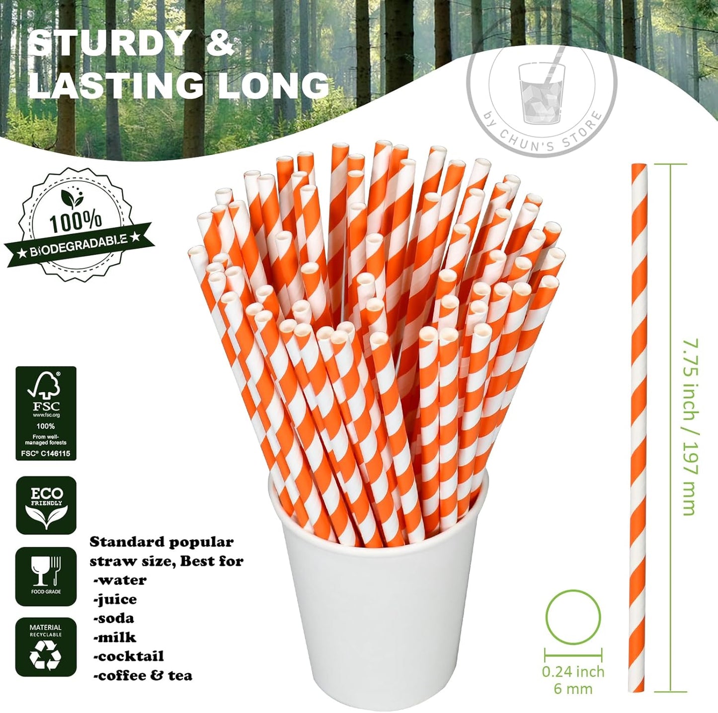 [1000 Count] Chunspak Orange/White Striped Paper Drinking Straws Bulk - 7.75"x0.24", Unwrapped - Biodegradable and Compostable