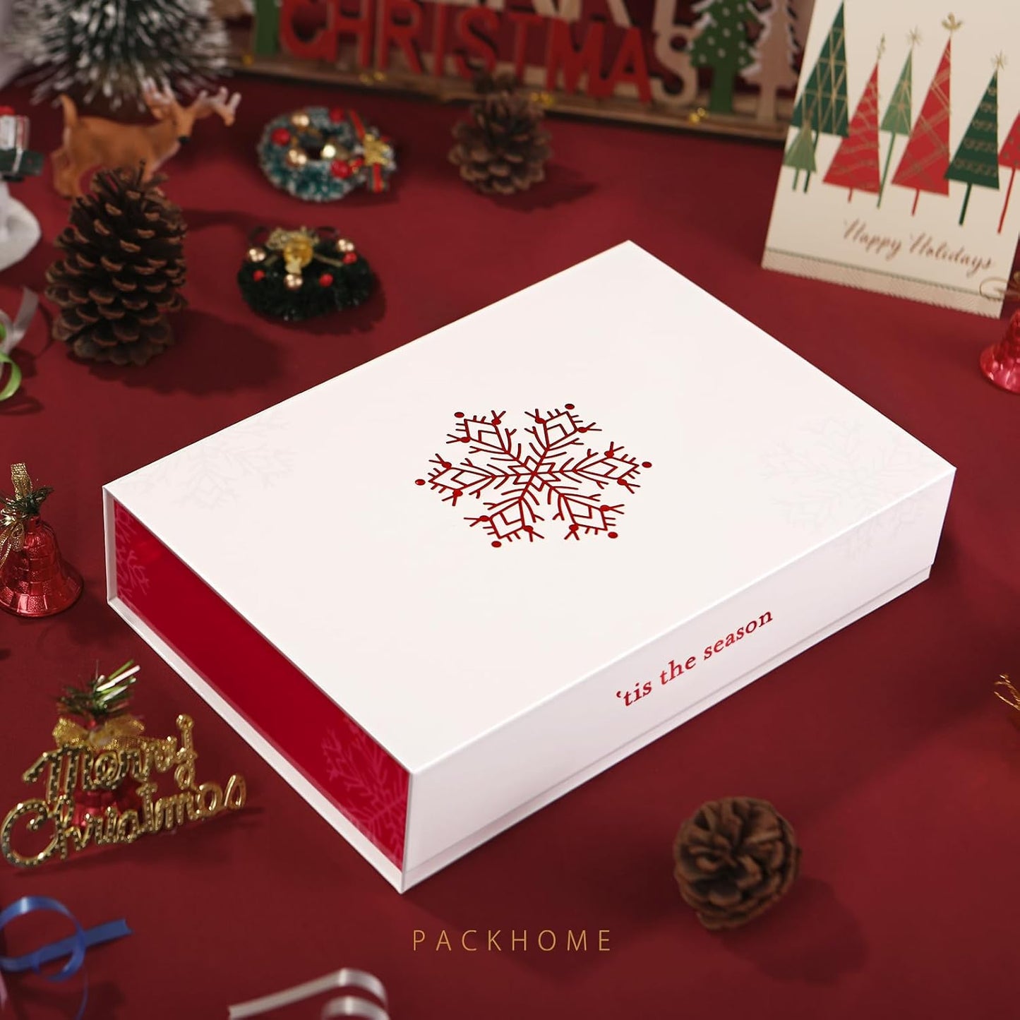 PACKHOME 6 Christmas Gift Boxes 13x9.7x3.4 Inches, Large Gift Boxes with Lids, Sturdy Shirt Boxes with Magnetic Lids for Wrapping Gifts (Red Snowflake Pattern)