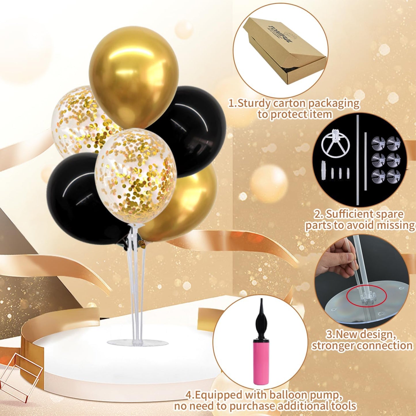 TONIFUL 4 Set Black Gold Balloon Centerpieces for Table,Balloon Stand Kit for Black Gold Party Decor 40th 50th 60th 70th Birthday Decorations Halloween Anniversary Graduation Decorations 2025