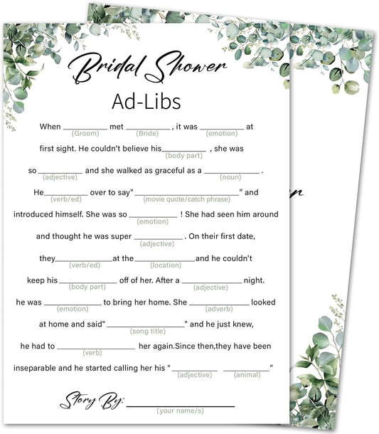 Eucalyptus Bridal Shower Game Cards - Ad-libs Game, Wedding Engagement Bachelorette Party Bridal Shower Games for 30 Guests, Double Sided Cards Set of 30, Activity Supplies & Favor/A03