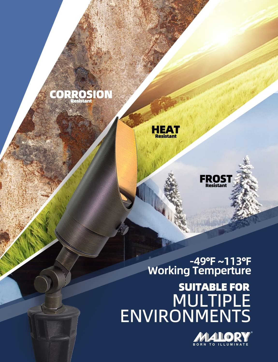 MALORY Brass Landscape Spotlight 10-Pack with MR16 Bulb Kit(S04), Low Voltage 12V AC/DC Shroud Adjustable Outside Yard Lights,PVC Ground Stake and Wire Connector Included, 5W 2700K Warm White