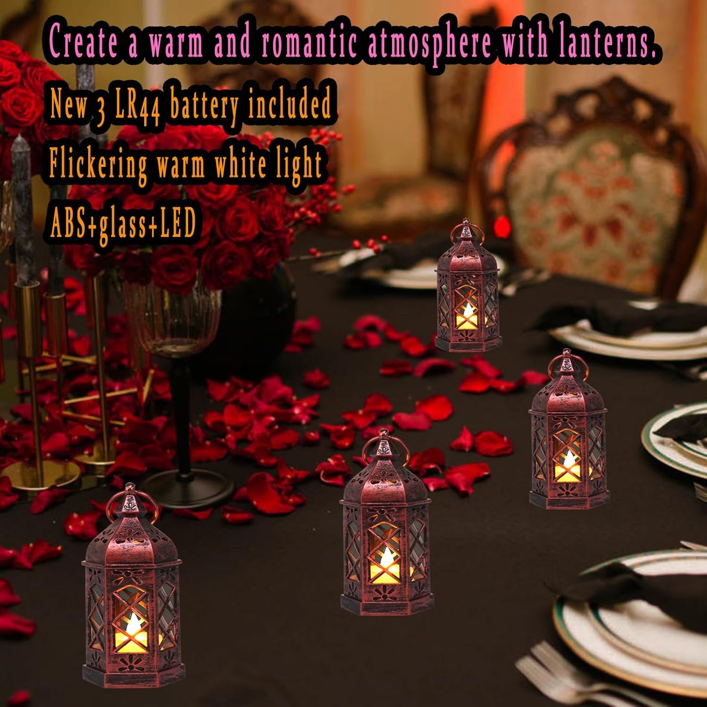 12PCS Mini Lantern with Flicker LED Candle for Halloween Decorations, Small Lanterns Decorative, Vintage Hanging Moroccan Lantern for Wedding Halloween Christmas Decor, Table Centerpiece, Rose Gold