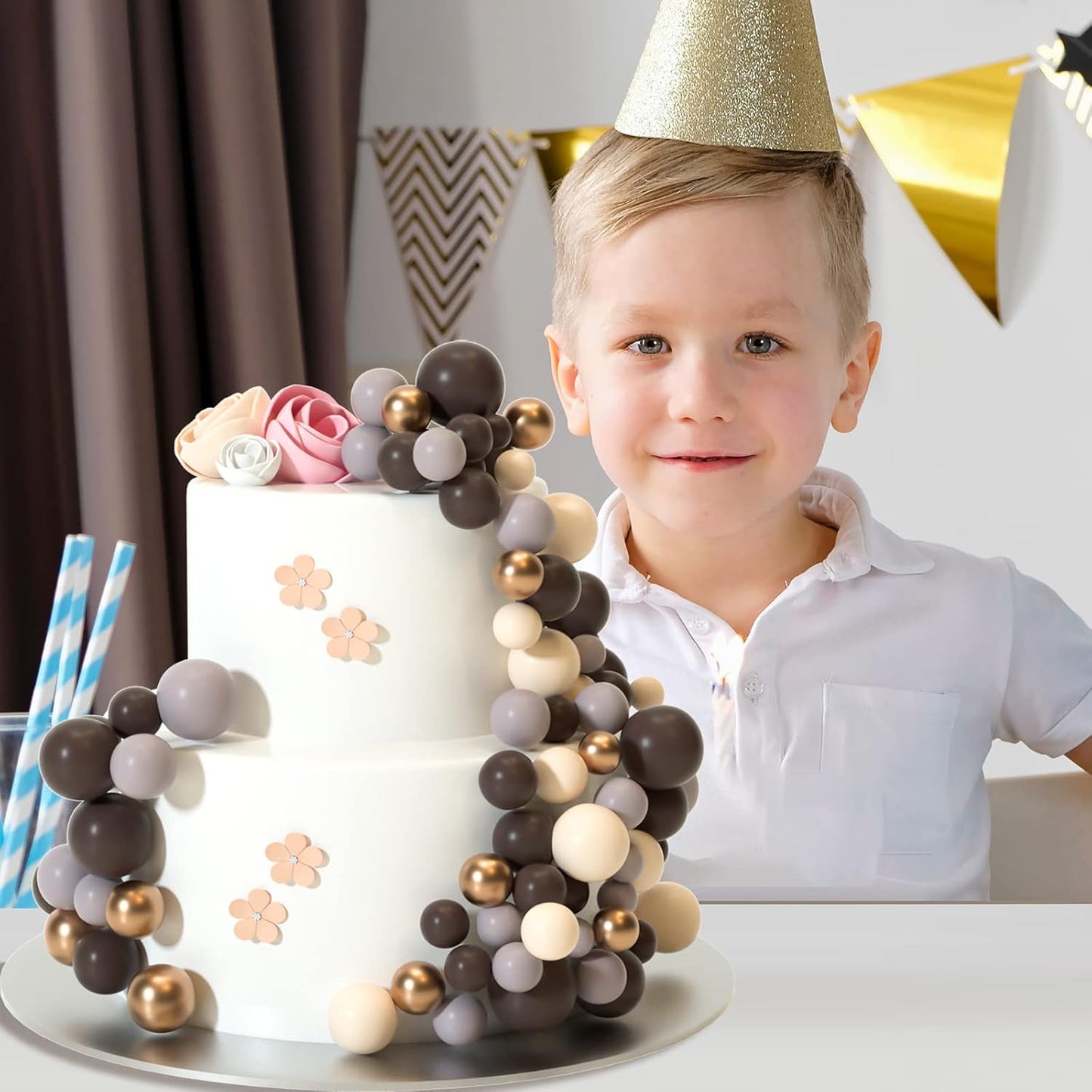 ASTARON 32 Pcs Ball Cake Topper Decorations Mini Balloons Cake Topper Sticks Foam Balls Cake Picks Cake Topper Balls Cake Decorations for Wedding Party Birthday Cake Decorating (Brown Gold)