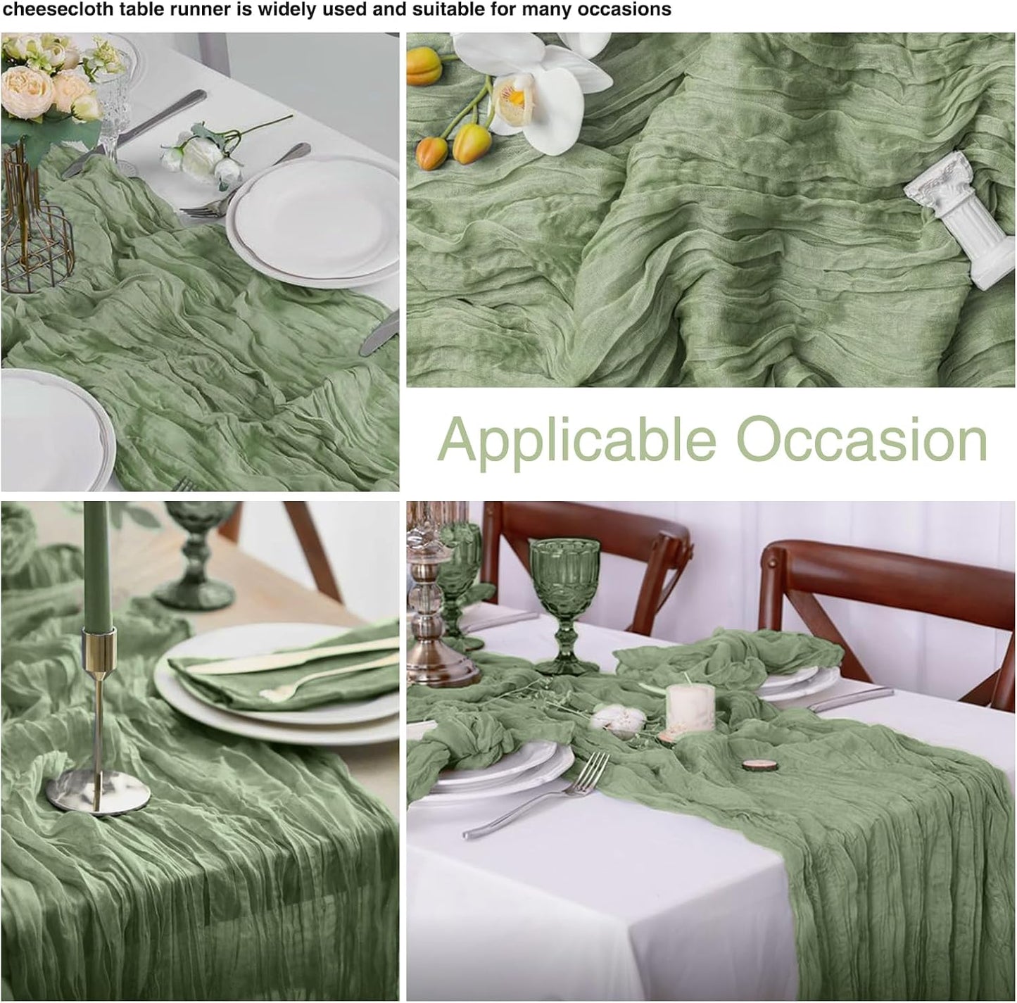12 Pack Sage Green 10Ft Cheesecloth Table Runner 20x120 Inch Boho Wrinkled Sheer Romantic Gauze Decor for Wedding, Bridal Shower, Birthday Party