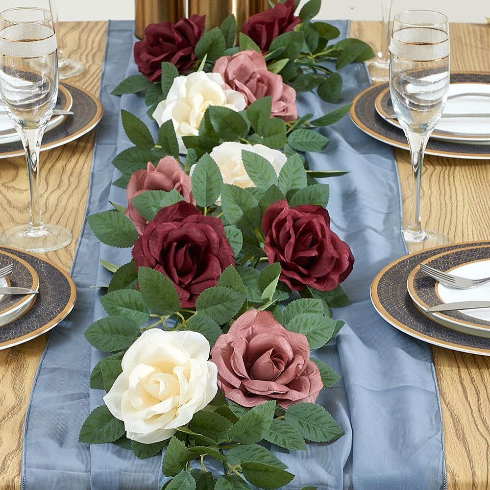 Burgundy Artificial Rose Garlands Rose Vines Leaves Banners Hanging Floral Garland Fake Rose Flower Vine for Wedding Arch Ceremony Home Garden Outdoor Party Wall Decorations
