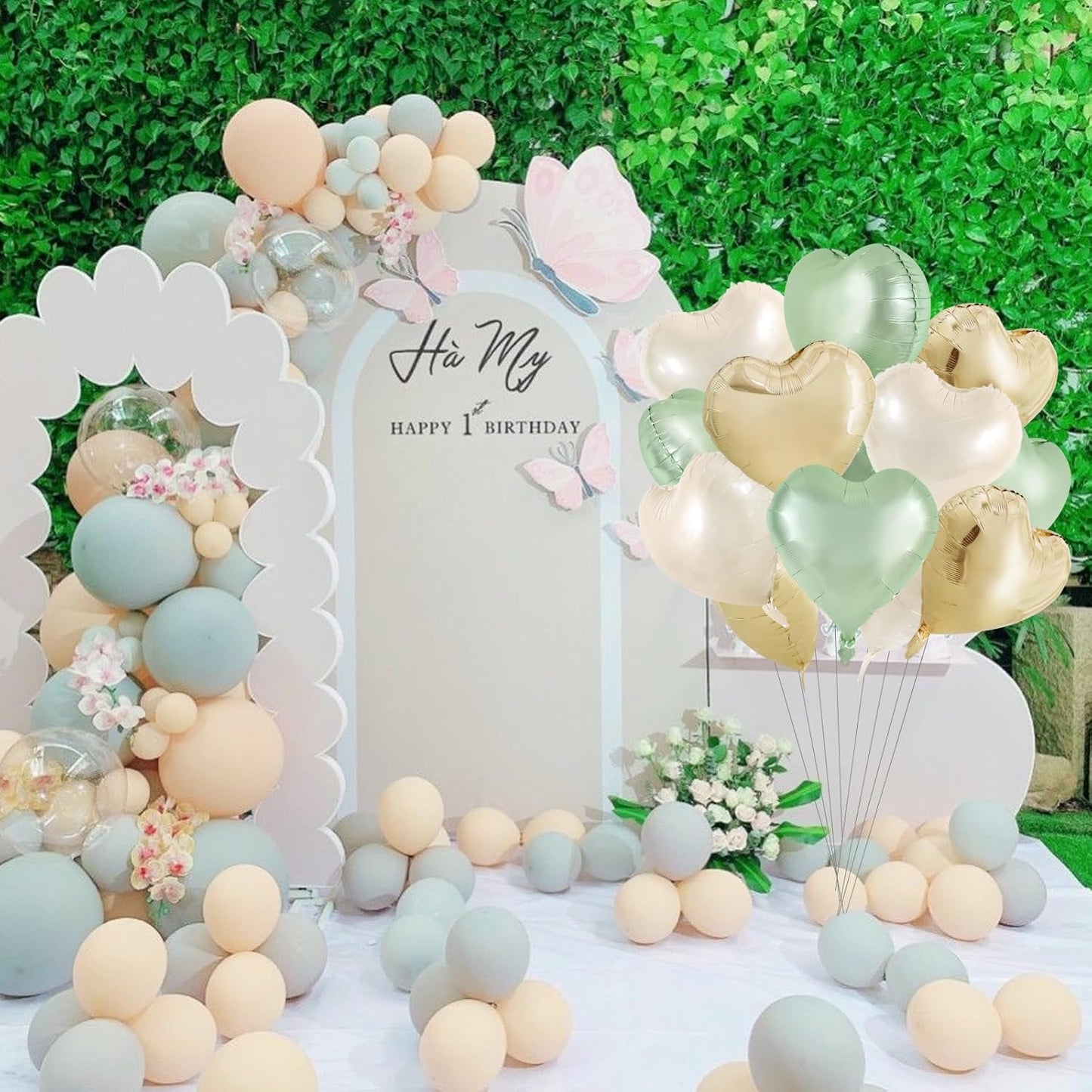 TONIFUL 15Pcs Sage Green Gold Heart Balloons 18 Inch Green Cream White Heart Shape Foil Mylar Balloons Decoration for Jungle Woodland Birthday Party Baby Shower Supplies
