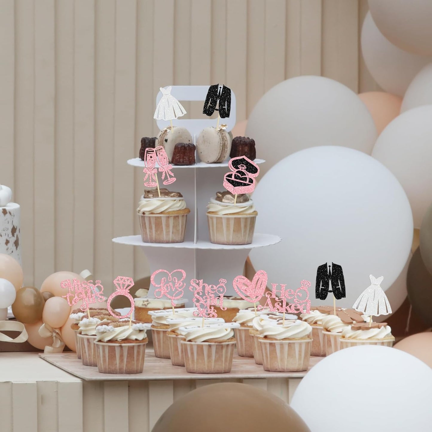 Gyufise 30Pcs She Said Yes Cupcake Toppers Glitter Diamond Ring I Do Love Cupcake Picks Miss to Mrs He Asked Bridal Shower Wedding Engagement Bachelorette Cake Decoration Pink