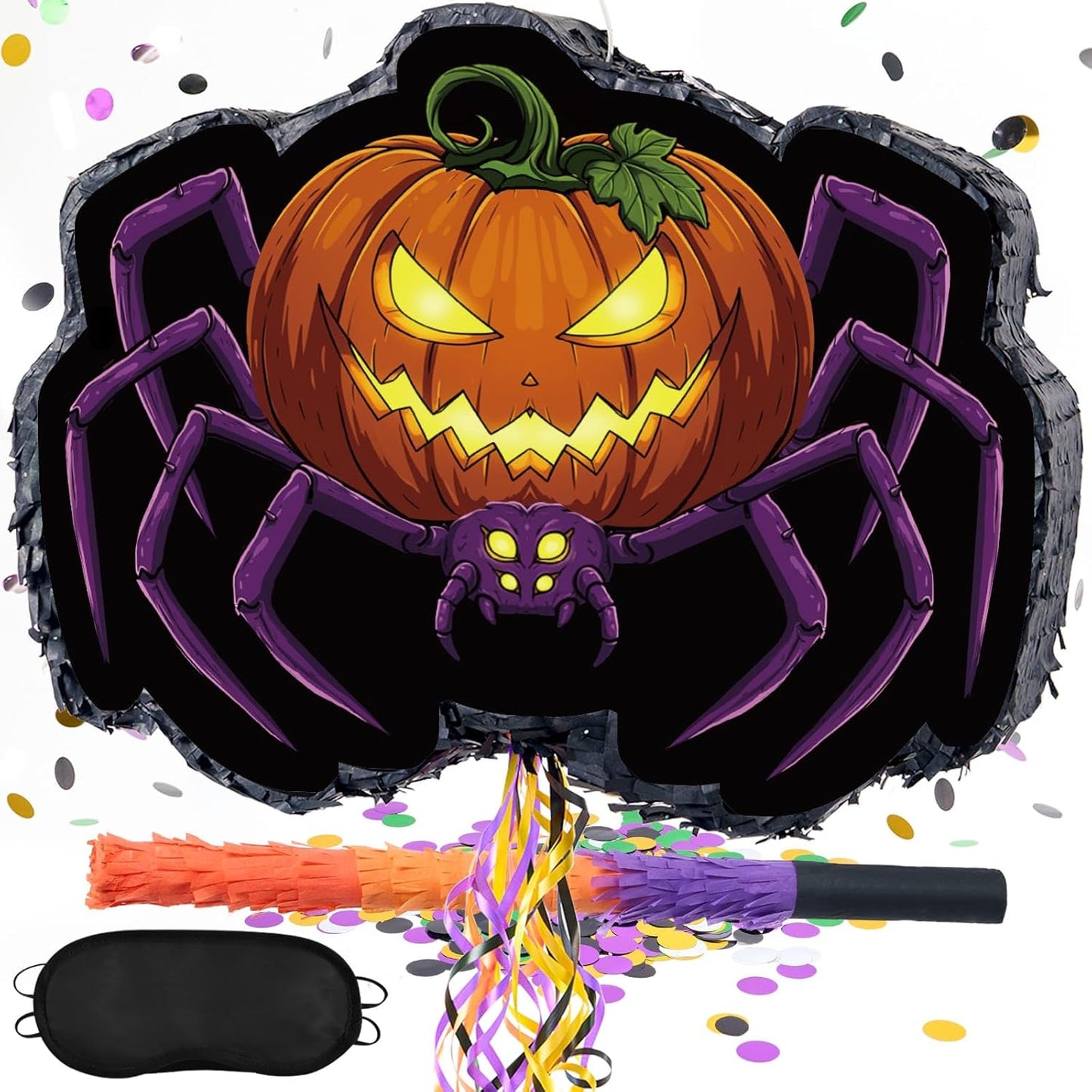 WERNNSAI Halloween Spider Piñata - Pumpkin Spider Pinata Halloween Theme Party Decorations for Kids Jack O Lantern Wicked Pumpkin Party Games with Bat Blindfold