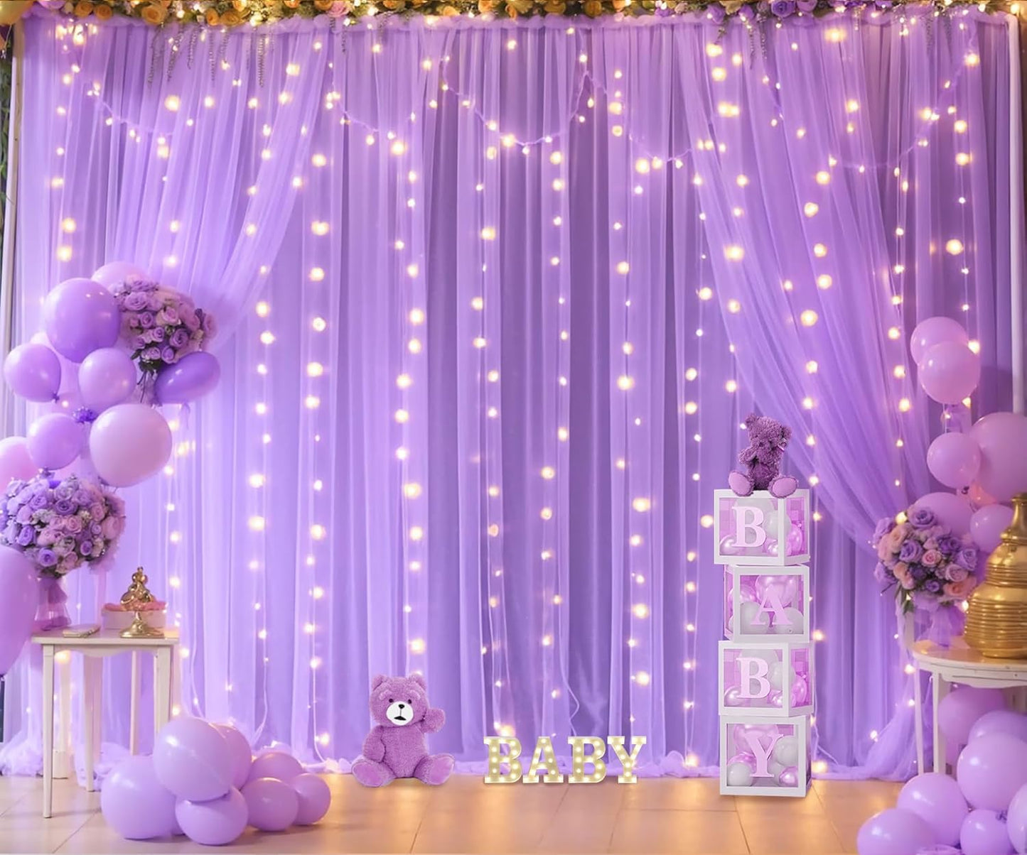 Lavender Tulle Backdrop Curtain with Led Lights for Wedding Baby Shower Girls 10ft X 8ft Lilac Lavender Sheer Backdrop Curtain for Birthday Party Bridal Shower Photoshoot Background Decorations