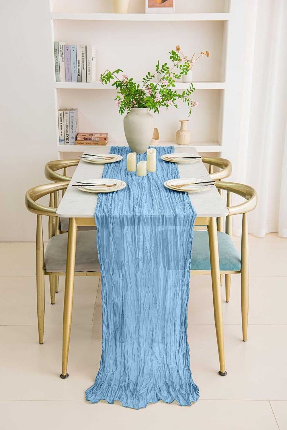 8 Pack 10Ft Table Runner 35x120 inch Baby Blue Boho Gauze Table Cheese Cloth Long Wrinkled Sheer Table Runner for Wedding Bridal Shower Birthday Party Table Decor