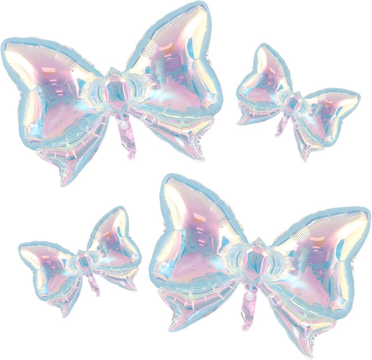 4Pcs Iridescent Foil Balloons, Iridescent Bow Foil Balloons, Rainbow Bow Holographic Clear Foil Balloon for Birthday Baby Shower Mermaid Rainbow Bachelorette Wedding Party Decorations