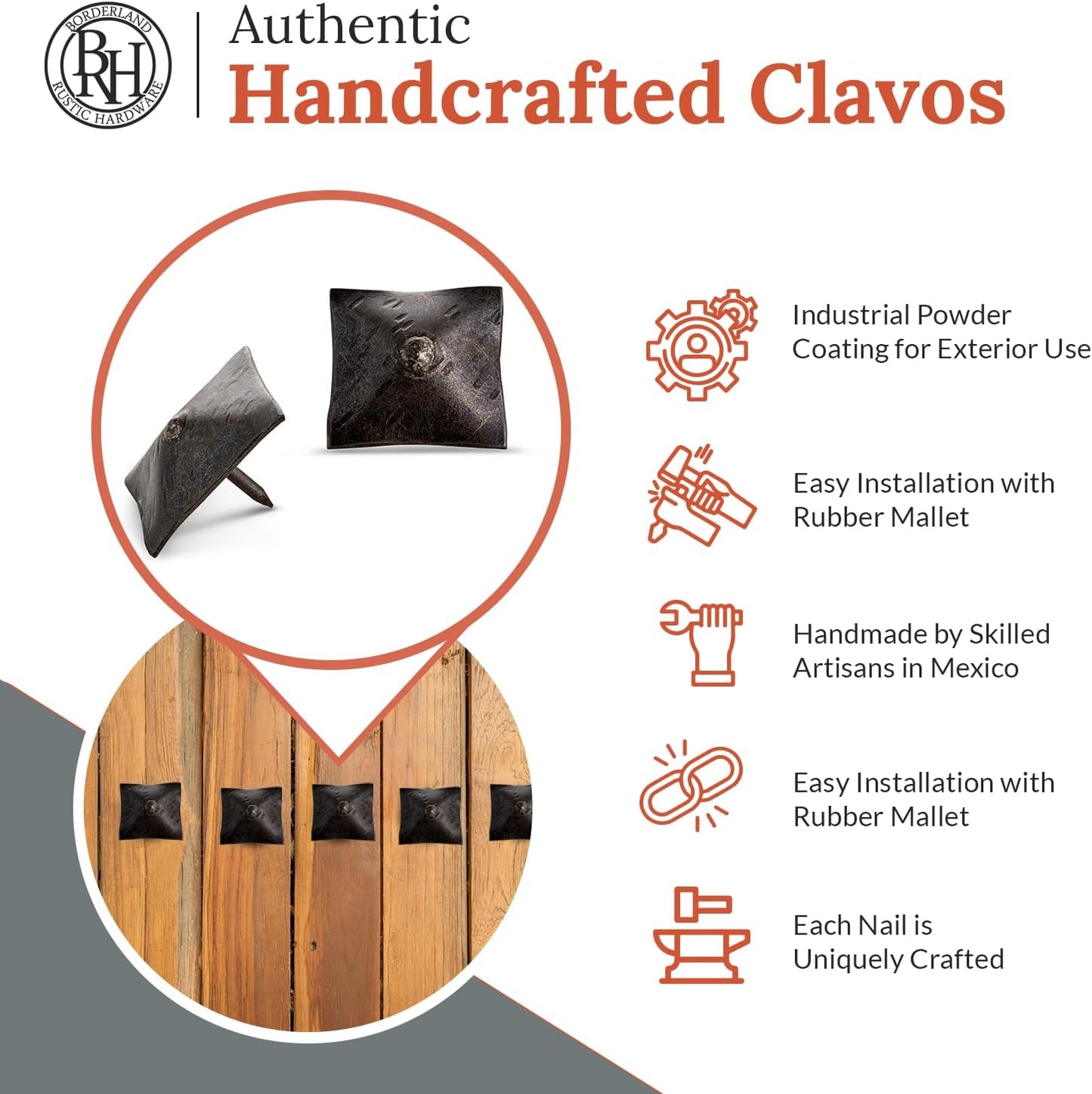 100 Pack 1.5" Square Head Iron Clavos Decorative Nails – Sealed Unfinished – Handmade Rustic Square Fasteners for Farmhouse Shutters, Faux Wood, Barn Doors, and Gates – Ornamental Wood Accent