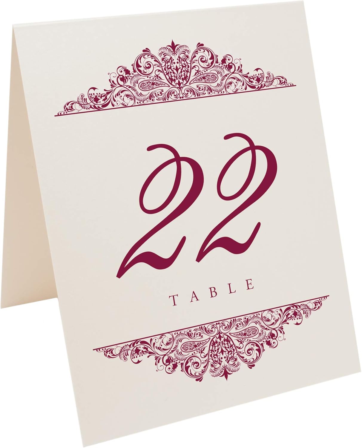 Paisley Wedding Table Numbers (Select Color/Quantity), Champagne, Burgundy, 1-10, Double Sided, Tent or Use in a Stand, Great for Parties & Restaurants - Made in the USA